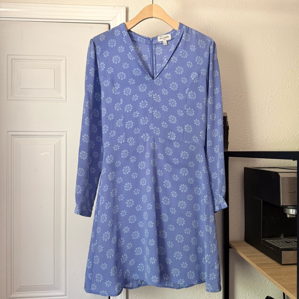HVN periwinkle blue purple floral silk peterpan long sleeve‎ mini dress